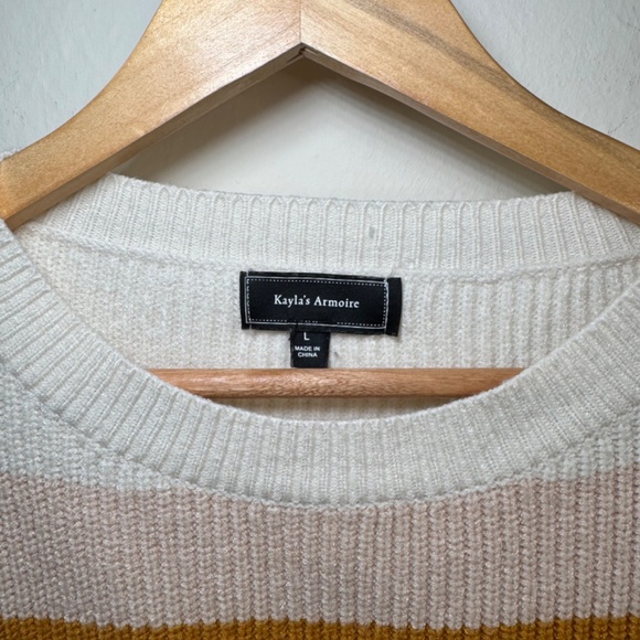 Kayla's Armoire Sweater Women's LG Cream Multi Stripe Retro Crew Neck - Picture 2 of 6